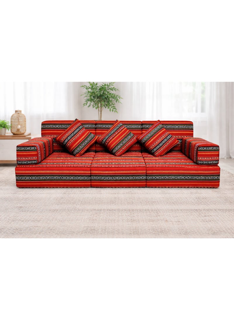 Xboat Traditional Arabic Majlis Floor Sofa – 3 Seater (Red Geometric Design)  Create an inviting and authentic Middle Eastern atmosphere with this Traditional Arabic Majlis Floor Sofa. Designed in rich red tones with classic geometric patterns, this 3-seater floor sofa blends cultural elegance with everyday comfort. Perfect for homes, majlis rooms, gatherings, and special occasions. - Image 2